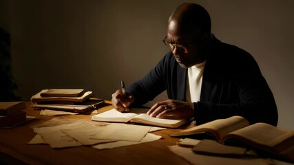 African American man writes at desk with books and papers