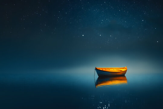 a boat floating on top of a lake under a night sky - Powered by Adobe