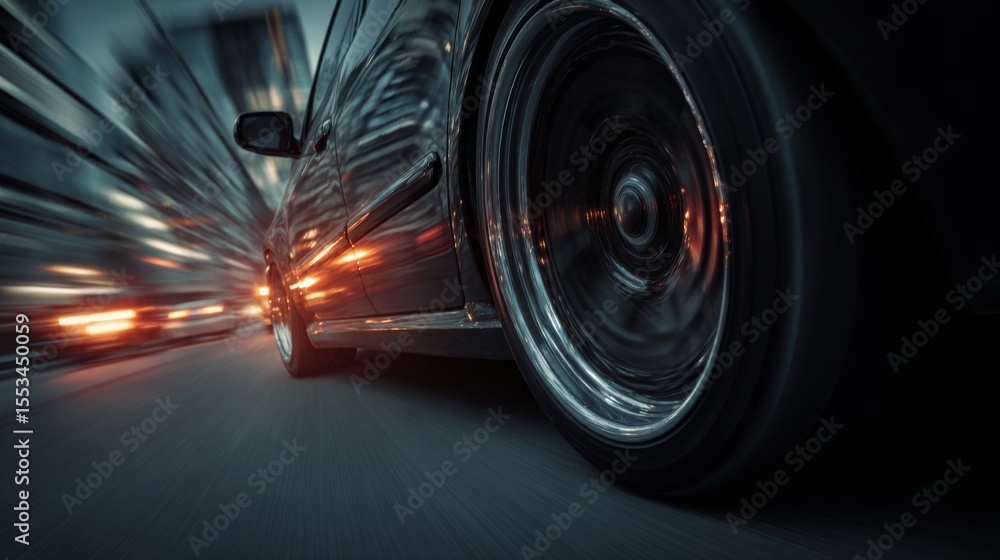 Poster a dynamic shot of a car in motion with bass vibrations visible, showcasing the powerful sound system