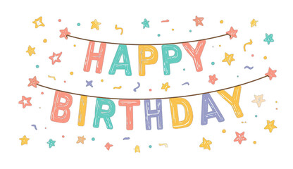 Pastel-colored "Happy Birthday" banner with stars and confetti