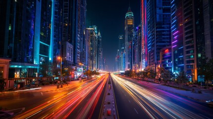 A dynamic shot of a modern city road with striking architecture, neon lights, and bustling traffic, showcasing the vibrant energy of urban life at night.