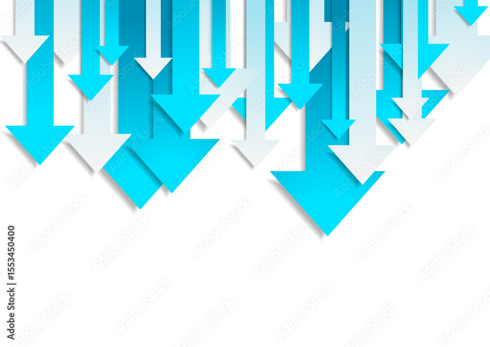 Poster Tech blue and white arrows pointing downward with paper cutout effect and shadow. Abstract vector background