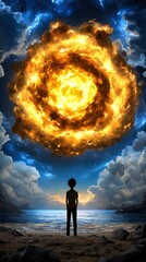 Obraz premium Child Gazing at Fiery Vortex Sunset Seascape