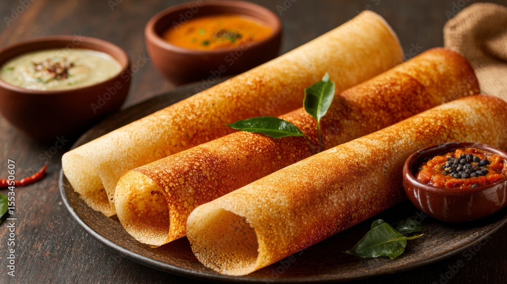 Poster a dynamic shot of freshly made dosas stacked high, served with coconut chutney and sambar on the sid