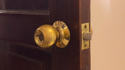 An aged brass doorknob on a dark wooden door, slightly ajar, showing wear and light reflections