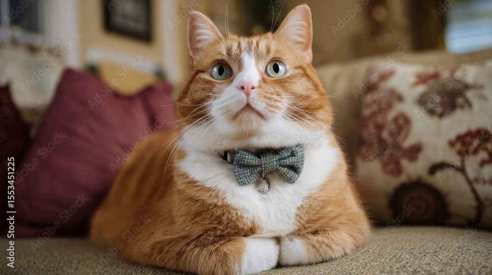 Poster a fat cat wearing a tiny bow tie, sitting proudly on a couch, looking directly at the camera with an