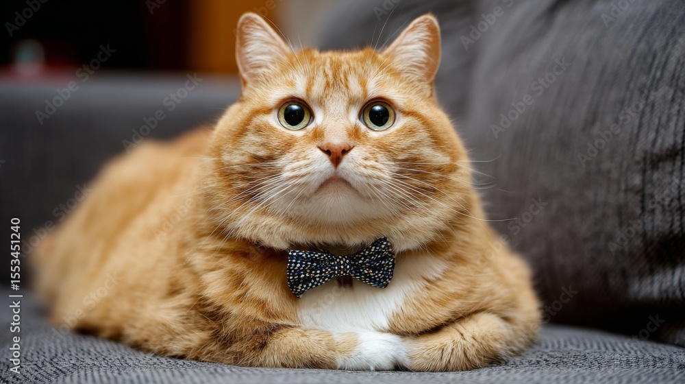 Poster a fat cat wearing a tiny bow tie, sitting proudly on a couch, looking directly at the camera with an