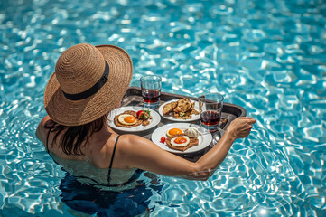 a woman relaxing by a pool, enjoying breakfast or brunch served on a floating tray