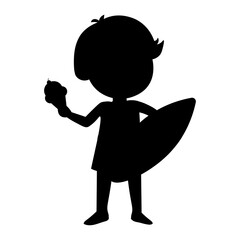 Surfer silhouette of a boy holding a surfboard and ice cream.