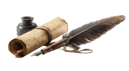 Rolled parchment, inkwell, quill pen.  Antique writing tools