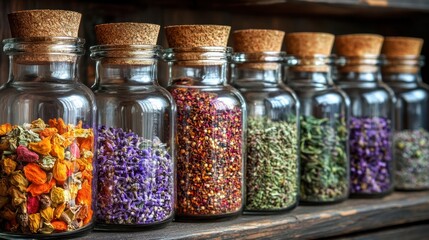 A shelf lined with glass jars filled with colorful dried herbs and spices