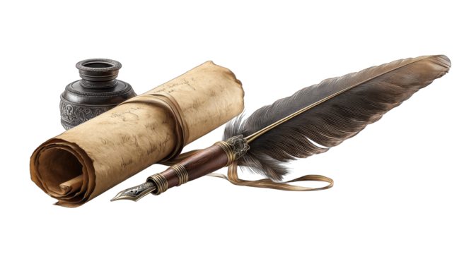 Rolled parchment, inkwell, quill pen.  Antique writing tools