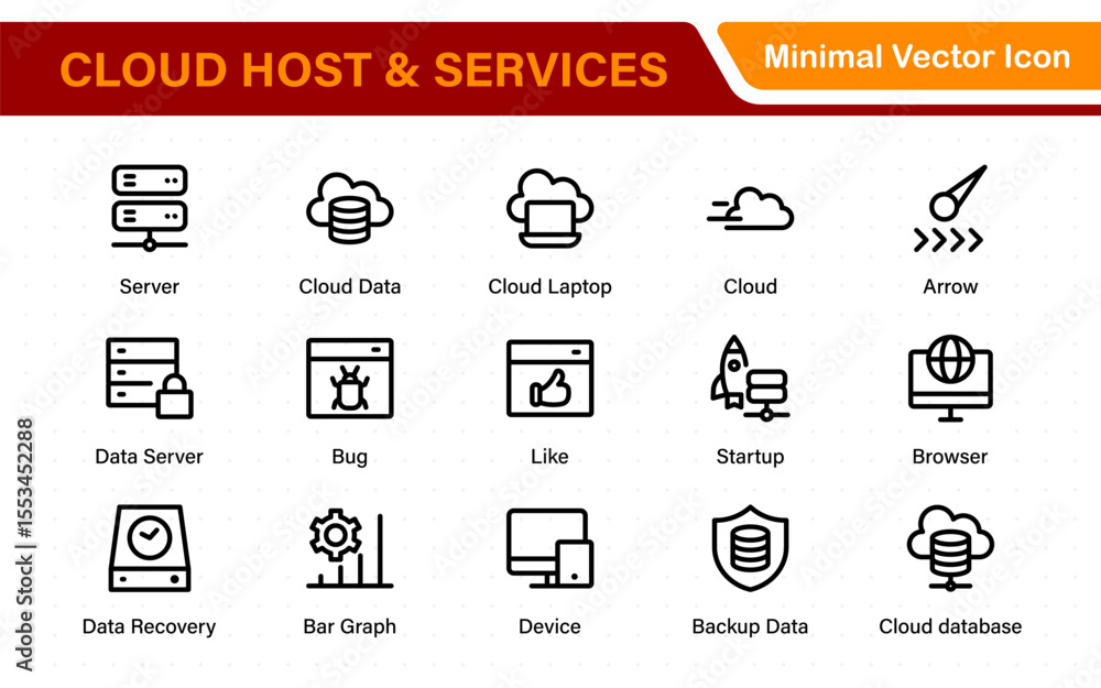 Poster set of web hosting and cloud services icons. linear style icon bundle.outline icon collection.