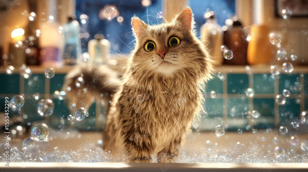 Poster a fluffy cat standing in a shallow tub, surrounded by bubbles, with a look of surprise as it shakes 