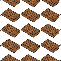 A seamless pattern featuring cartoon-style chocolate bars in brown color, arranged diagonally on a white background. Ideal for confectionery packaging, branding, or sweet-themed design projects.