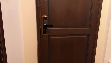 A modern, sleek door handle with a dark and bronze finish is installed on a dark wooden door,...