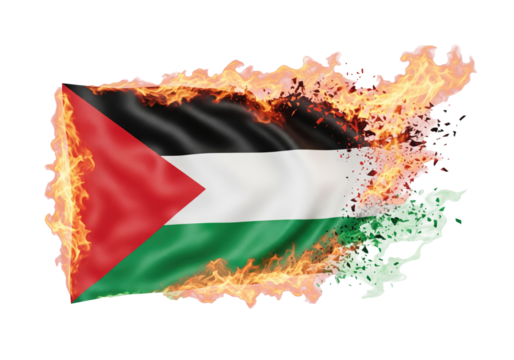 palestine national flag burning, on transparent background