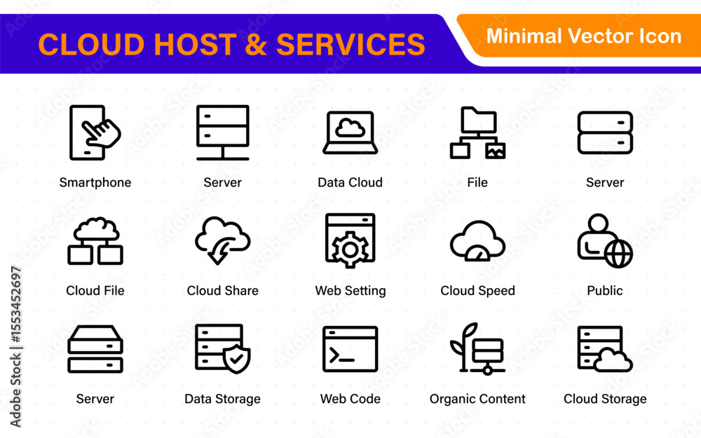 Poster set of web hosting and cloud services icons. linear style icon bundle.outline icon collection.