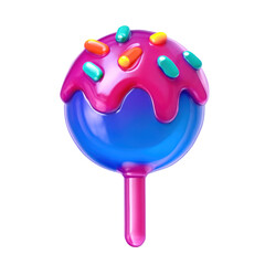 3D Translucent Icon Style Lollipop with Pink Stick and Blue Sphere Topped with Pink Icing and Colorful Sprinkles on Transparent Background