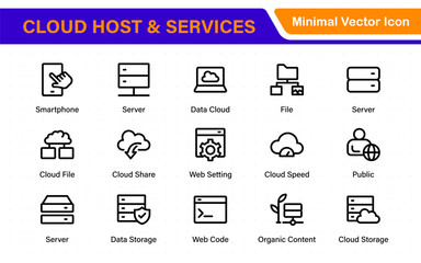 Set of web hosting and cloud services icons. Linear style icon bundle.Outline icon collection.