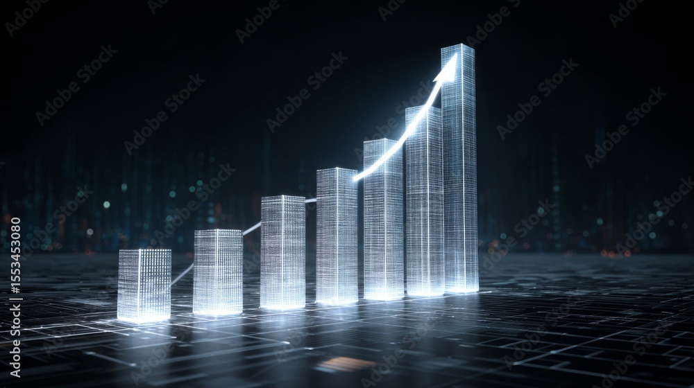 Aufkleber A futuristic D bar chart with tall, glowing columns and an upward trending arrow, hovering over a dark digital background filled with grid patterns
