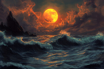 Fototapeta premium a painting of a sunset over a body of water