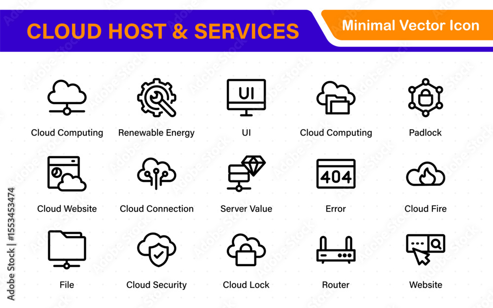 Poster set of web hosting and cloud services icons. linear style icon bundle.outline icon collection.