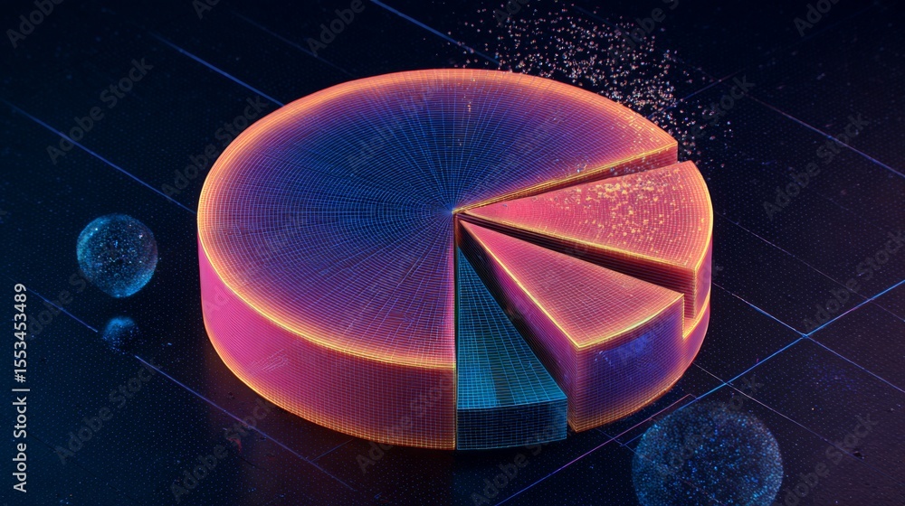 Poster A futuristic D pie chart with transparent slices and glowing edges, positioned on a tech-inspired background, symbolizing innovative data visualization techniques.
