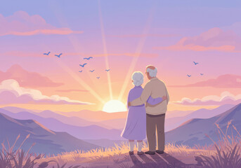 elderly couple embraces while enjoying a serene sunset over rolling hills. concept of love and togetherness in old age. perfect for greeting cards, inspirational posters, retirement planning material.