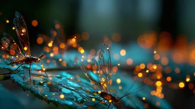 Enchanting dragonflies on a leaf surrounded by glowing orbs create a magical atmosphere