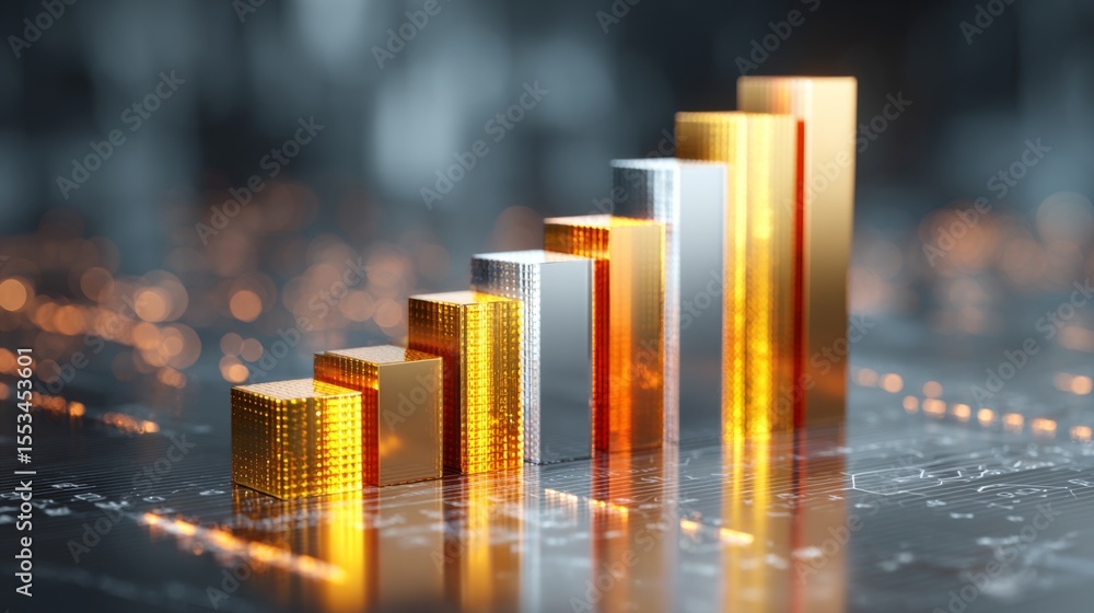 Aufkleber A futuristic financial bar chart with glowing bars in metallic tones, displayed on a reflective surface with subtle digital elements in the background