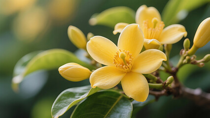 Obraz premium A detailed macro shot of a cluster of vibrant golden-yellow flowers, revealing the intricate textures of their petals and visible stamens, set against a soft, blurred dark green background