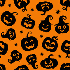 Seamless pattern featuring smiling jack-o-lanterns and witch hats on orange background for festive decorations
