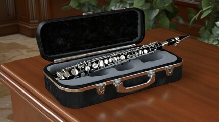 Oboe sits nestled in its case on a wooden surface, with green foliage behind