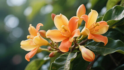 Fototapeta premium A vibrant cluster of golden-orange flowers blooms in layered harmony, each petal radiating warmth and energy. Set against glossy green leaves and a soft-focus background