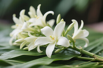 Obraz premium A close-up shot of a cluster of pristine white pandan flowers with delicate petals and a soft yellow center, gracefully arranged on vibrant green pandan leaves