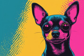 A vibrant pop art illustration of a Chihuahua with bold colors and a dotted background.