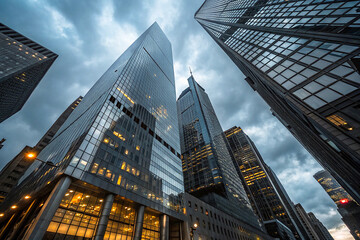 Fototapeta premium A low-angle view of urban skyscrapers, showcasing towering buildings