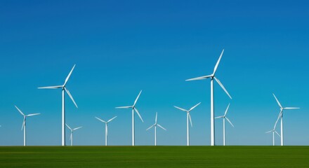 Fototapeta premium Wind turbines in a minimalist flat green hill background, clear blue sky