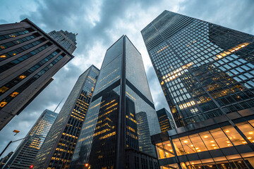 Naklejka premium A low-angle view of urban skyscrapers, showcasing towering buildings