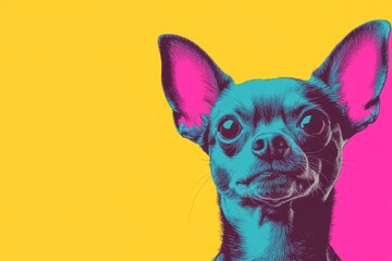 A stylized pop art portrait of a Chihuahua dog with vibrant blue, pink, and yellow colors and a bold graphic style.