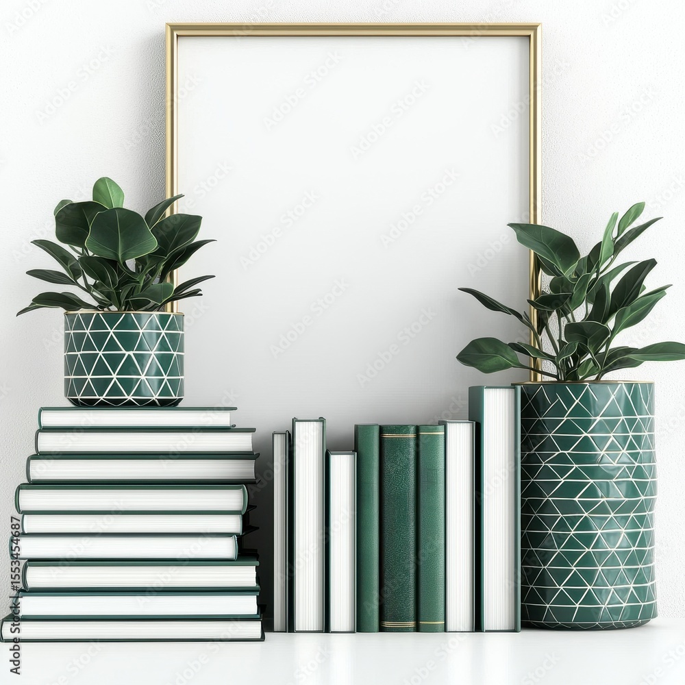 Poster modern bookshelf with decorative plants and empty frame display