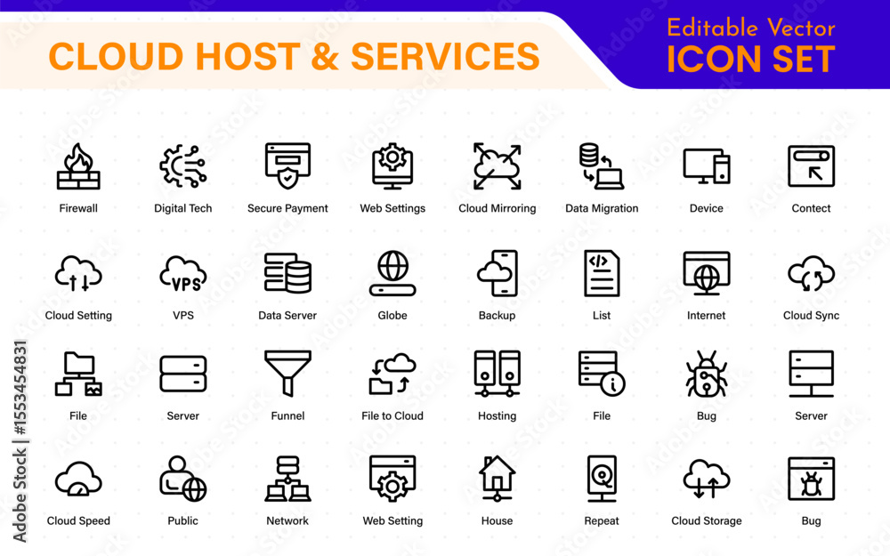Poster set of web hosting and cloud services icons. linear style icon bundle.outline icon collection.