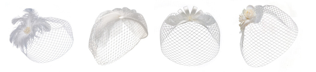 White bridal birdcage veils with decorative feathers, bows, and flowers, vintage wedding accessories set, isolated on transparent background for fashion and commercial use