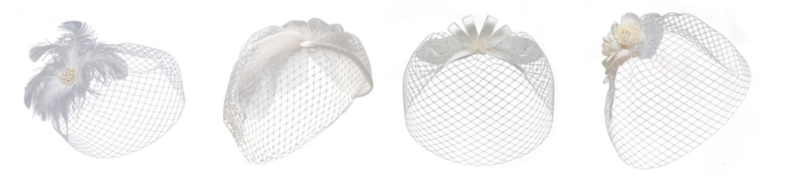 White bridal birdcage veils with decorative feathers, bows, and flowers, vintage wedding accessories set, isolated on transparent background for fashion and commercial use