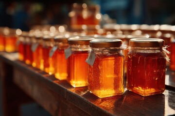Rows of gleaming jars filled with rich, amber honey catch the warm sunlight, enticing visitors at a lively market in the afternoon