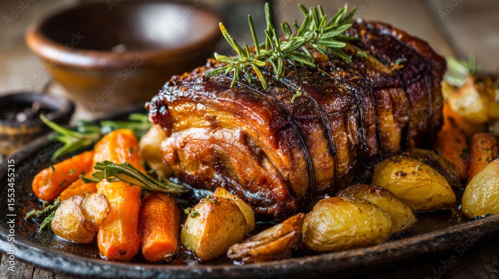 Poster a high-resolution image of a delicious pork roast with crispy skin, garnished with rosemary and serv