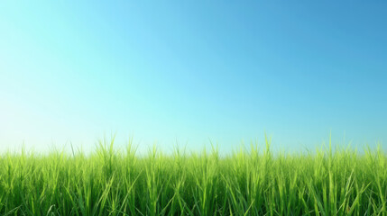 Fototapeta premium Lush green grass stretches under clear blue sky, creating serene and tranquil landscape that evokes sense of peace and nature beauty