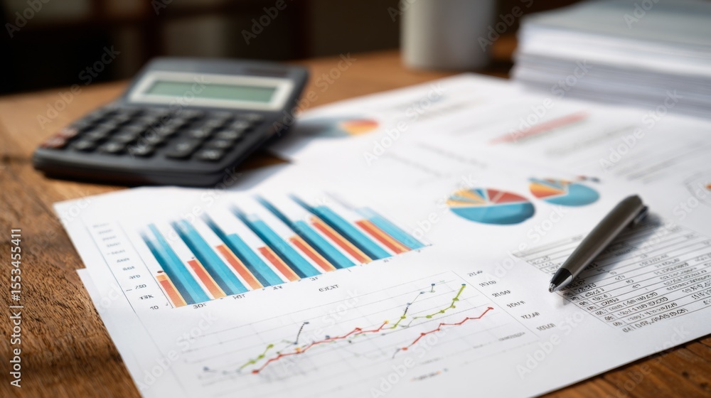 Poster A high-resolution image of a financial report with detailed bar graphs, line charts, and pie charts, placed on a desk with a calculator and financial documents.