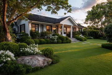 A picturesque white cottage surrounded by neatly trimmed hedges and colorful flowers, basking in the warm glow of twilight